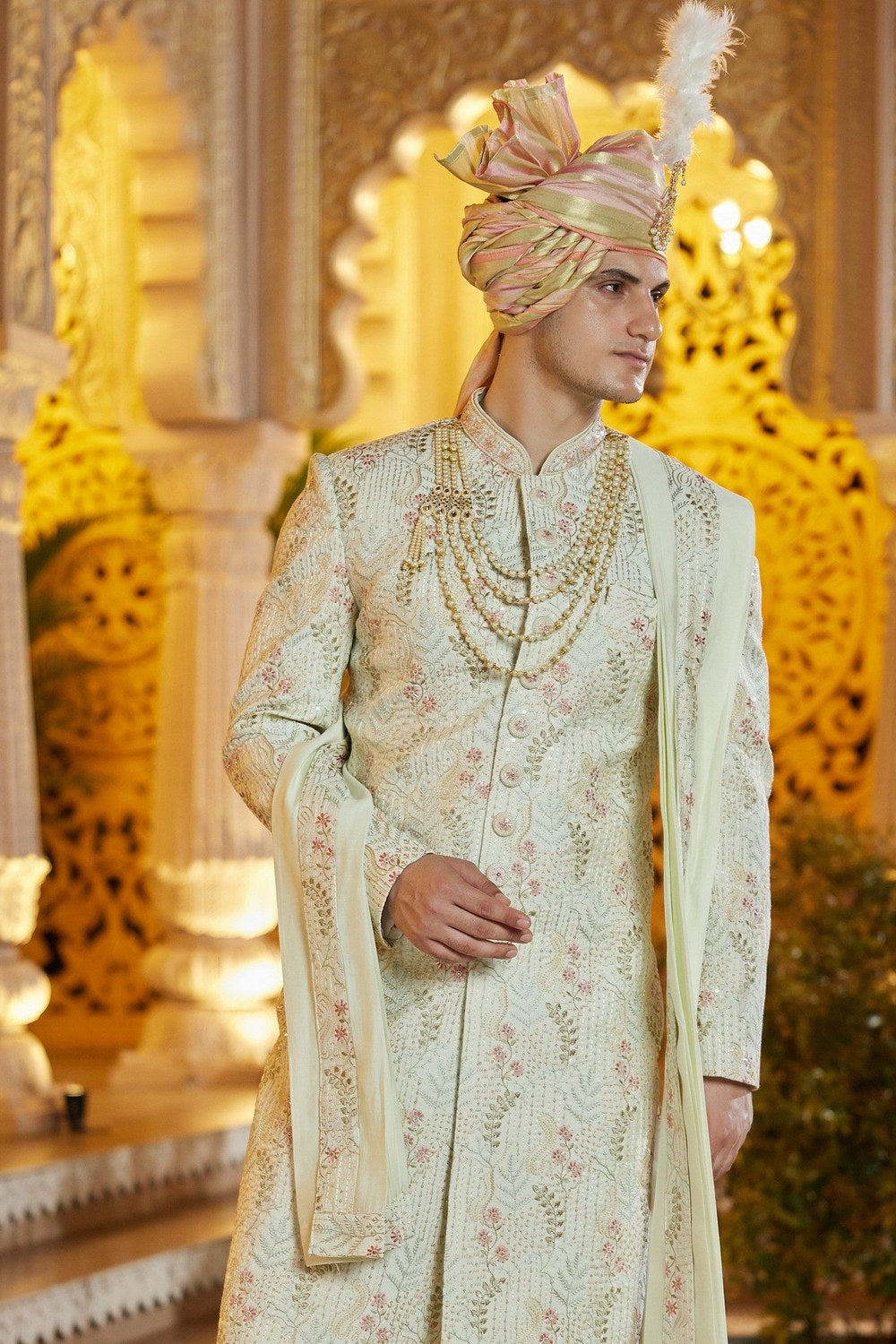 Pista Green Art Silk Traditional Indo Western Sherwani Long Kurta with Pant & Dupatta for Men for Wedding - Embroidery Work - close-up view