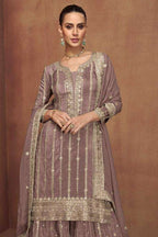 Brown Shimmer Silk Plazo Suit for Indian Dresses For Marriage - Embroidery Work - close-up view