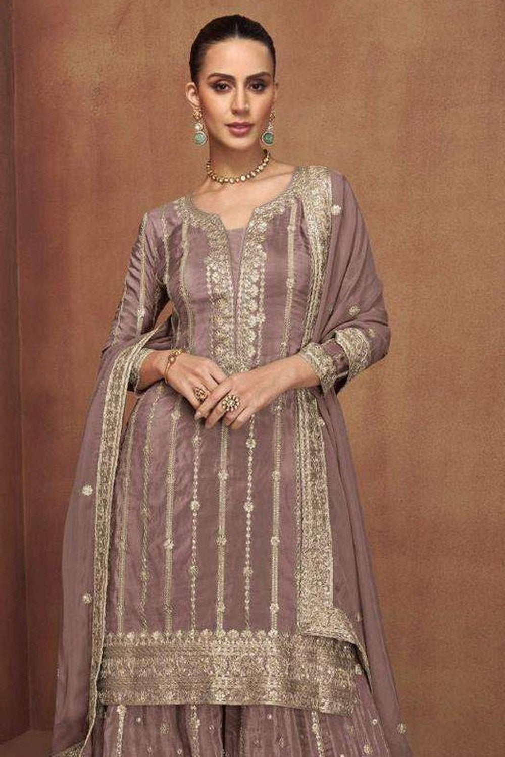 Brown Shimmer Silk Plazo Suit for Indian Dresses For Marriage - Embroidery Work - close-up view