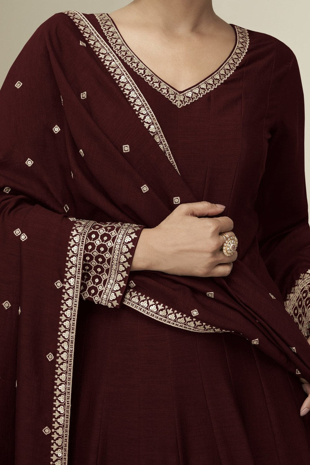 Maroon Premium Silk Anarkali Dress for Wedding with Thread & Sequins Work - hem and footwear detail