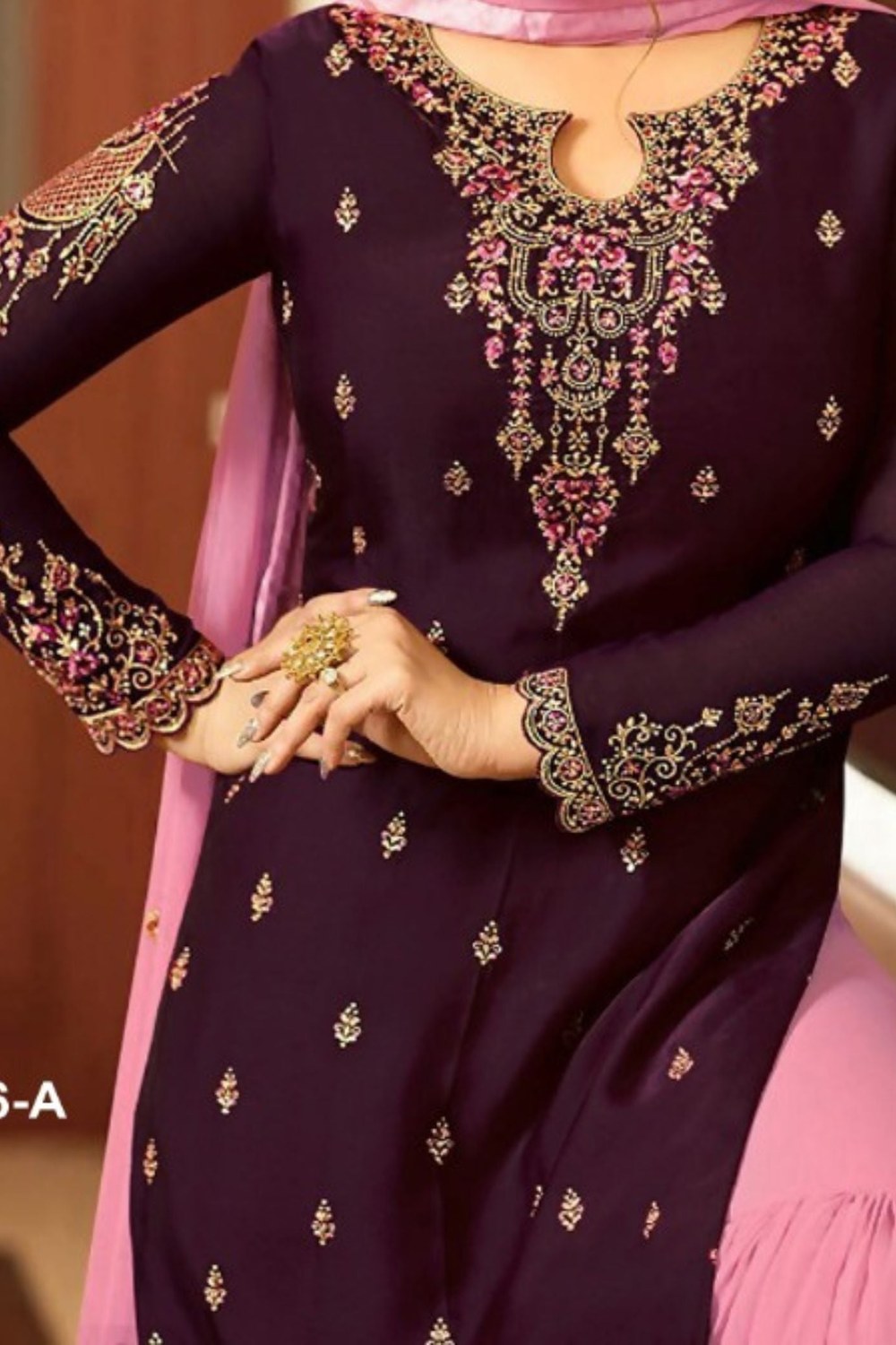 Wine Georgette Pakistani Sharara Suit for Wedding Party - Thread Embroidery Work - hem and footwear detail