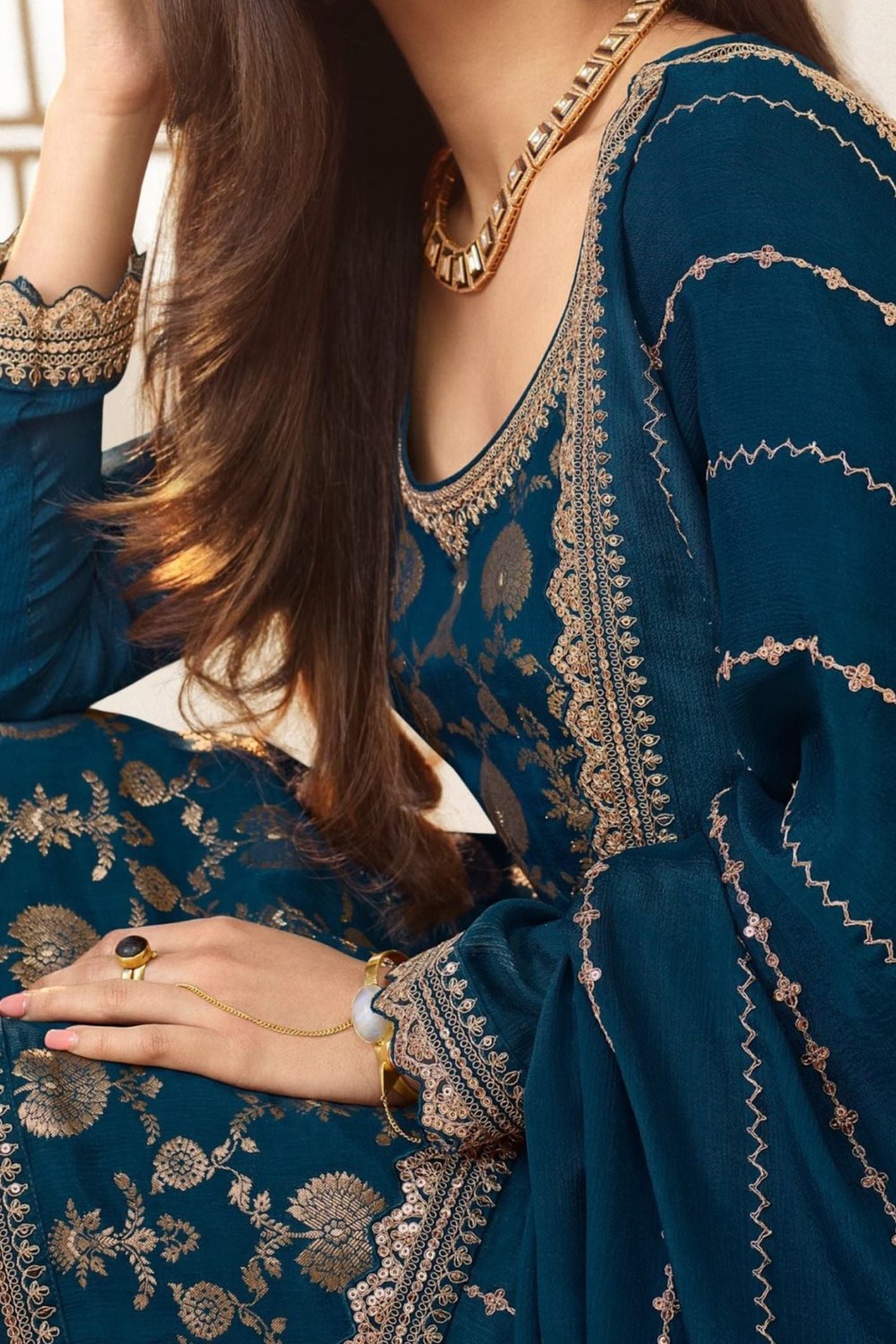 Teal Jacquard Silk Palazzo Suit For Indian Festivals & Pakistani Plazo Weddings Dress - Embroidery Work - hem and footwear detail
