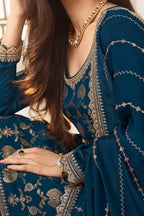Teal Jacquard Silk Palazzo Suit For Indian Festivals & Pakistani Plazo Weddings Dress - Embroidery Work - hem and footwear detail
