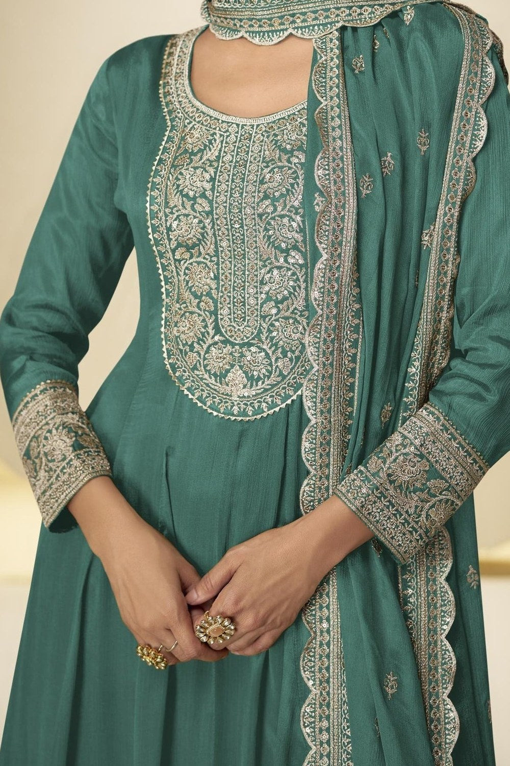 Emerald Green Chinon Silk Palazo Suit For Indian & Pakistani Wedding Festival - Thread & Sequins Embroidery Work - hem and footwear detail