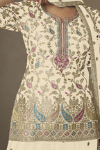 Cream Chinon Silk Palazzo Suit For Indian & Pakistani Wedding Festival - Sequins & Thread Embroidery Work - hem and footwear detail