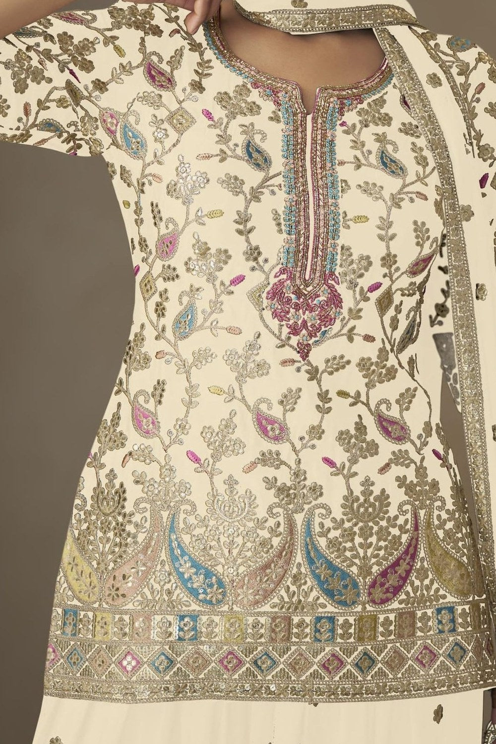 Cream Chinon Silk Palazzo Suit For Indian & Pakistani Wedding Festival - Sequins & Thread Embroidery Work - hem and footwear detail