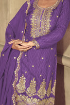 Purple Chinon Silk Palazzo Suit For Indian & Pakistani Wedding Festival - Thread & Sequence Embroidery Work, Print Work - hem and footwear detail