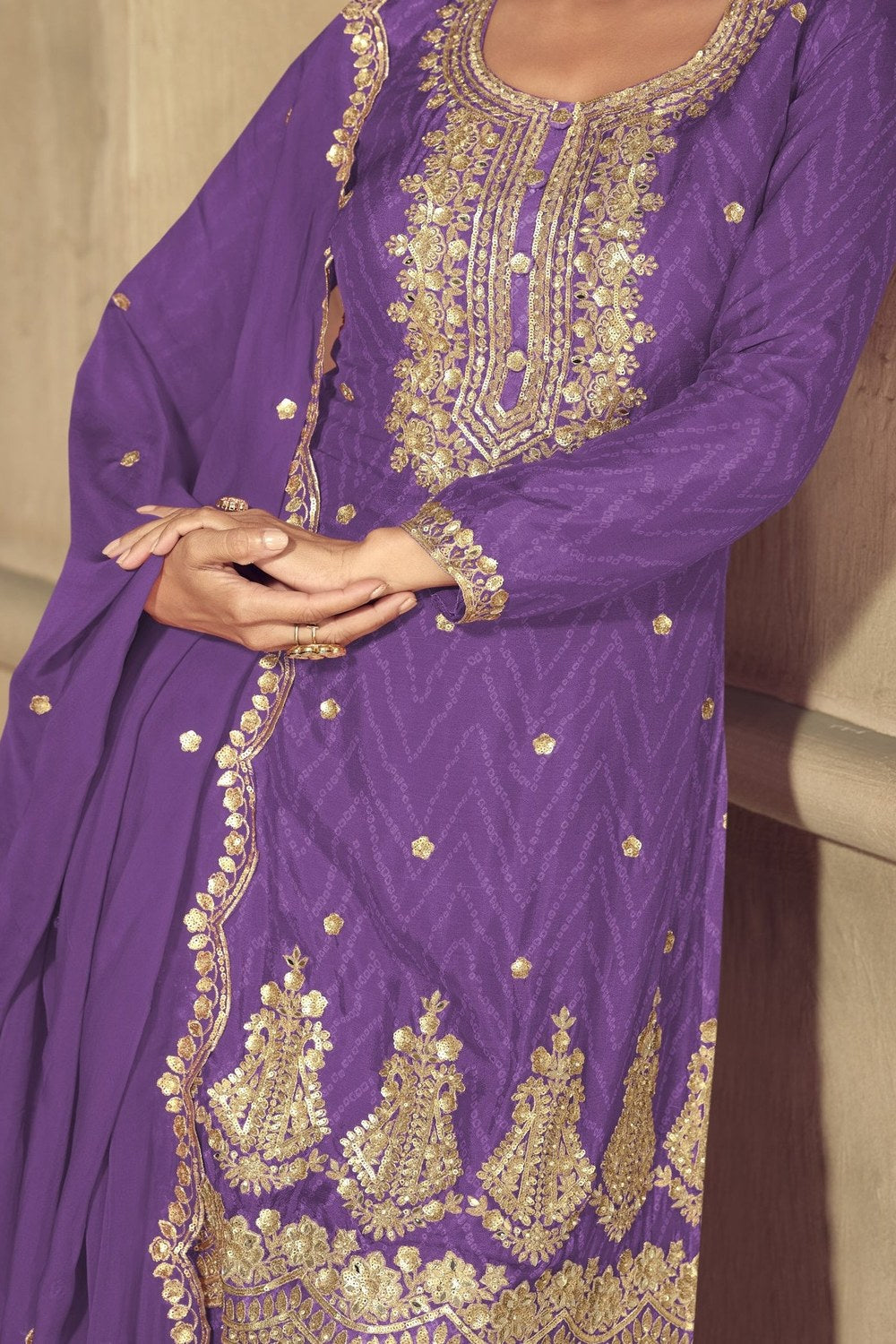 Purple Chinon Silk Palazzo Suit For Indian & Pakistani Wedding Festival - Thread & Sequence Embroidery Work, Print Work - hem and footwear detail