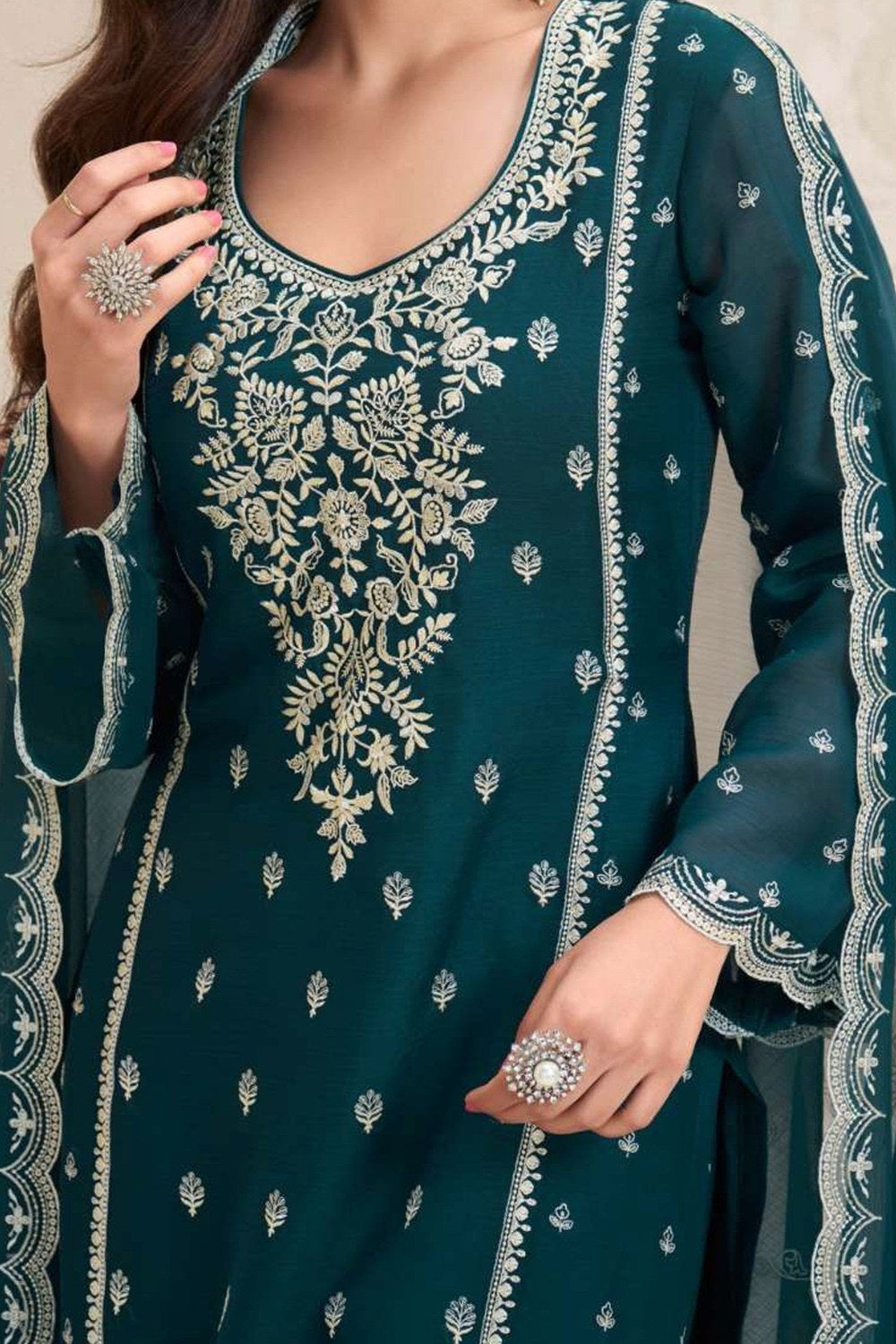 Teal Chiffon Silk Long Kameez Pant Suit For Indian Festivals & Weddings - Embroidery Work - hem and footwear detail