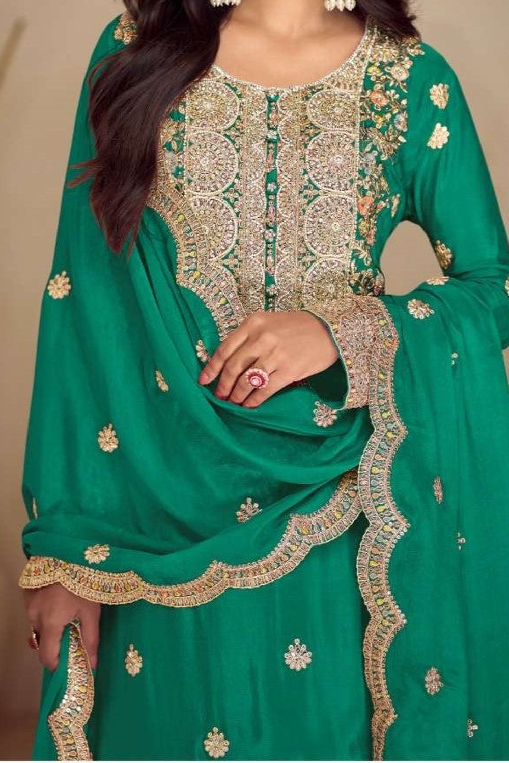 Teal Green Chinon Silk Plazo Dress for Women with Thread Work - hem and footwear detail