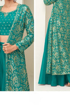Sea Green Chinon Silk Crop Top with Long Jacket and Palazzo Set - hem and footwear detail