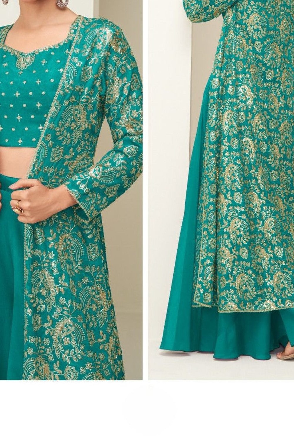 Sea Green Chinon Silk Crop Top with Long Jacket and Palazzo Set - hem and footwear detail