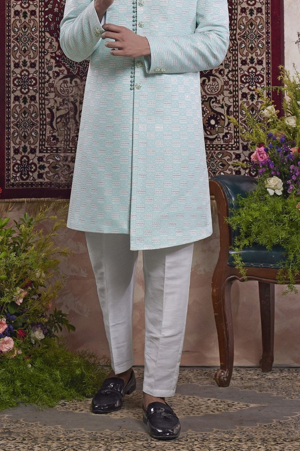 Light Sky Jacquard Indo Western Mens Indian Wedding Attire - hem and footwear detail