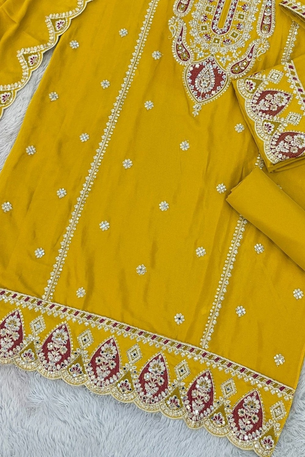 Yellow Chinon Silk Kameez With Palazzo Suit For Indian & Pakistani Wedding Festival - Thread & Sequence Embroidery - hem and footwear detail