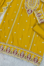 Yellow Chinon Silk Kameez With Palazzo Suit For Indian & Pakistani Wedding Festival - Thread & Sequence Embroidery - hem and footwear detail