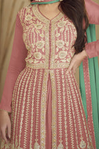 Dusty Rose Chinon Silk Palazo for Sangeet with Thread Work - hem and footwear detail