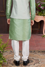 Green White Art Silk Kurta Pajama with Waistcoat Jacket for Men for Wedding & Festival - Print Work - hem and footwear detail