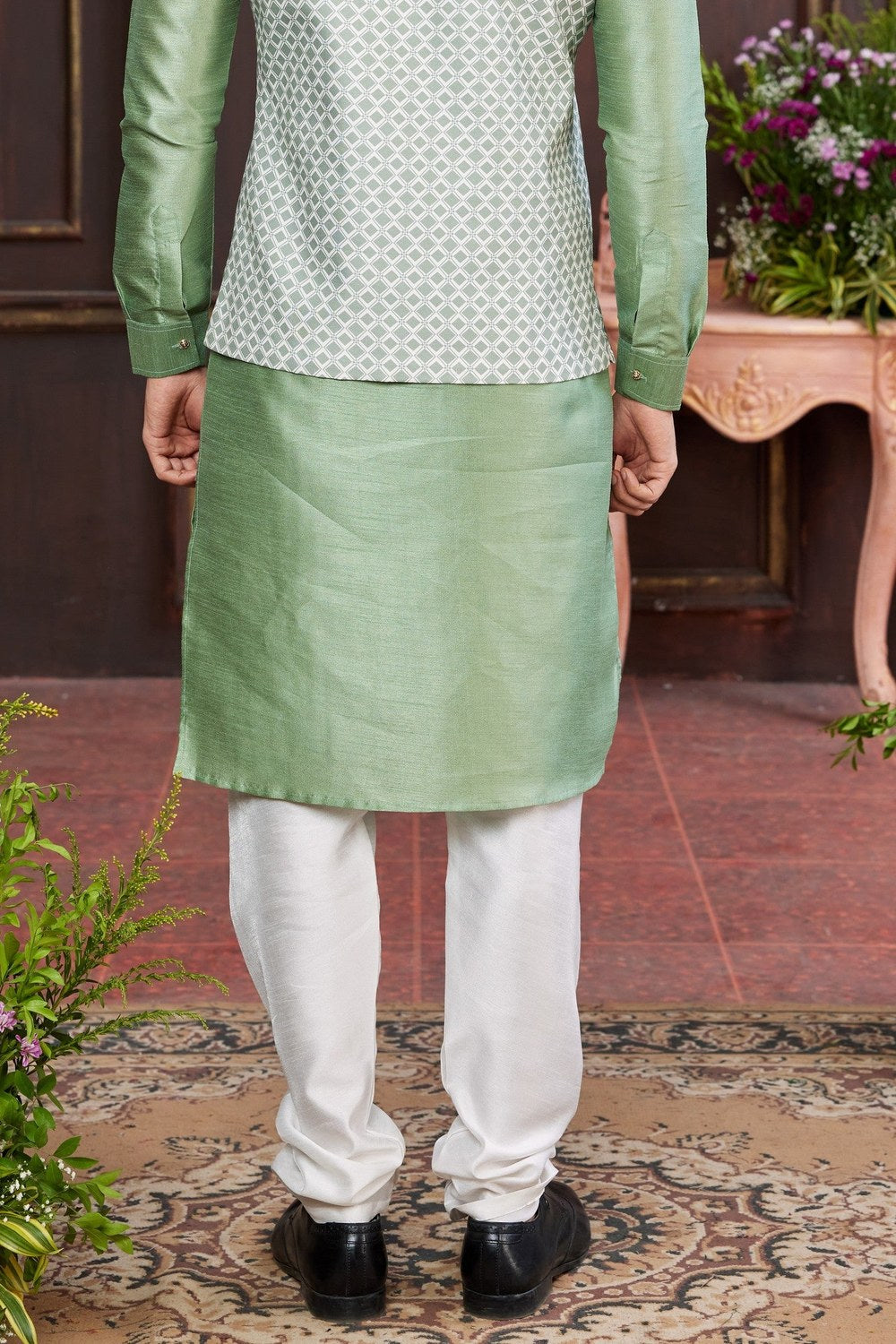 Green White Art Silk Kurta Pajama with Waistcoat Jacket for Men for Wedding & Festival - Print Work - hem and footwear detail