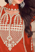 Red Chinon Silk Sharara Suit For Indian & Pakistani Wedding Festival - Embroidery Work, Khatli Work - hem and footwear detail