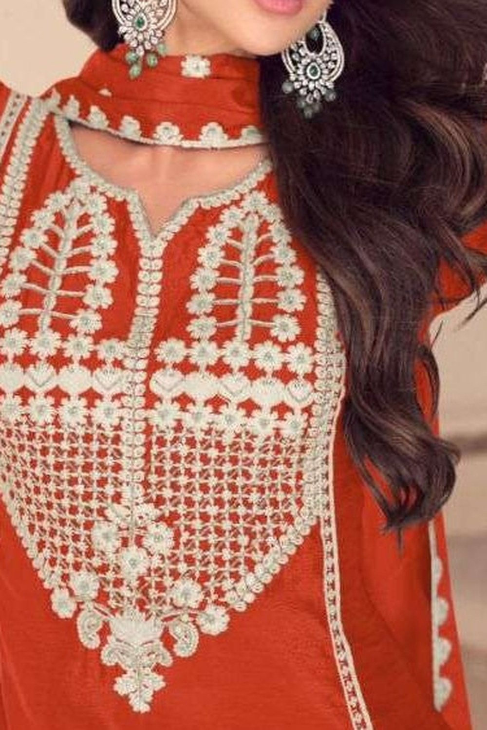 Red Chinon Silk Sharara Suit For Indian & Pakistani Wedding Festival - Embroidery Work, Khatli Work - hem and footwear detail