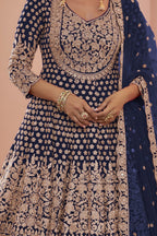 Pakistani Dress Navy Blue Georgette Kameez with Skirt - hem and footwear detail