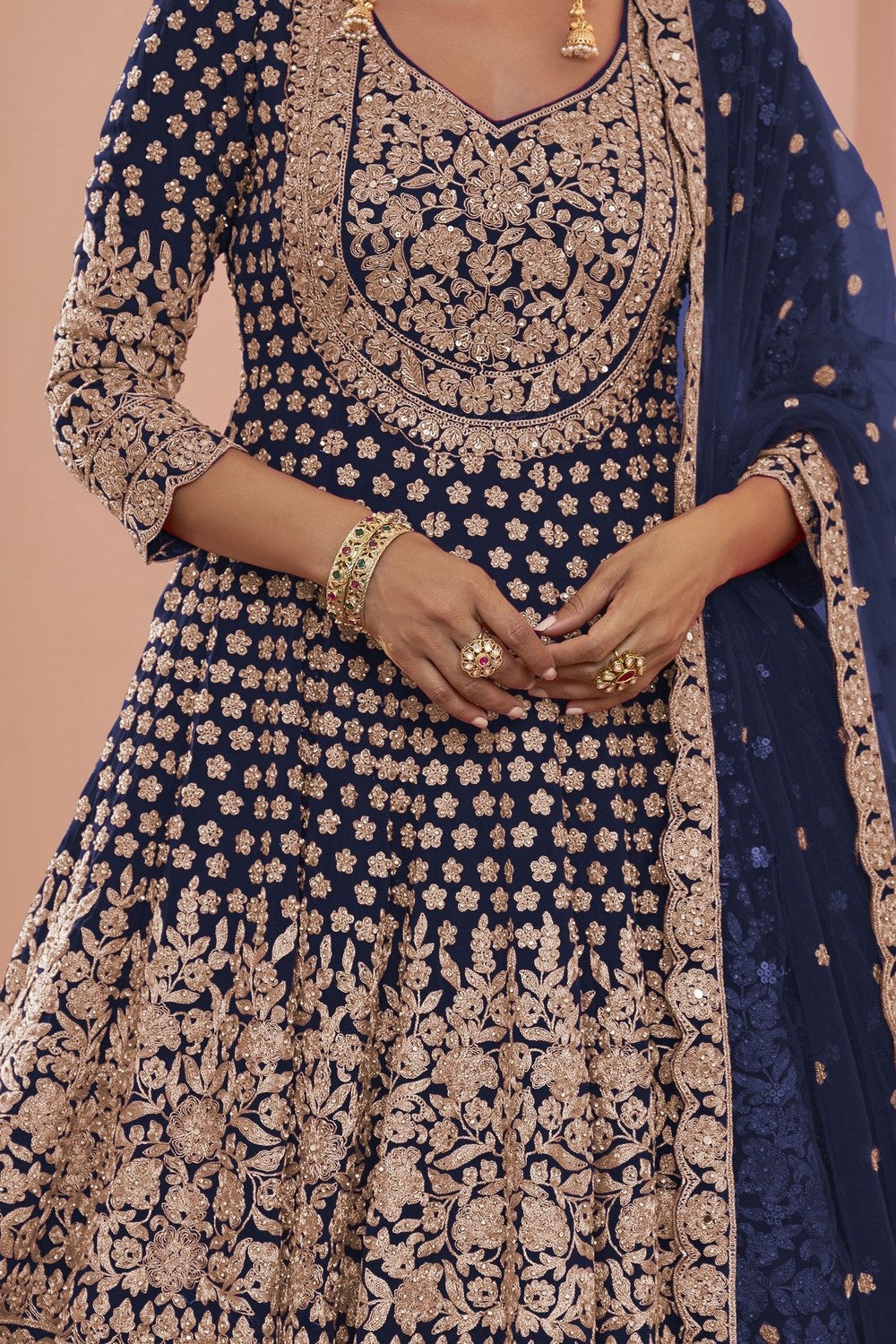 Pakistani Dress Navy Blue Georgette Kameez with Skirt - hem and footwear detail