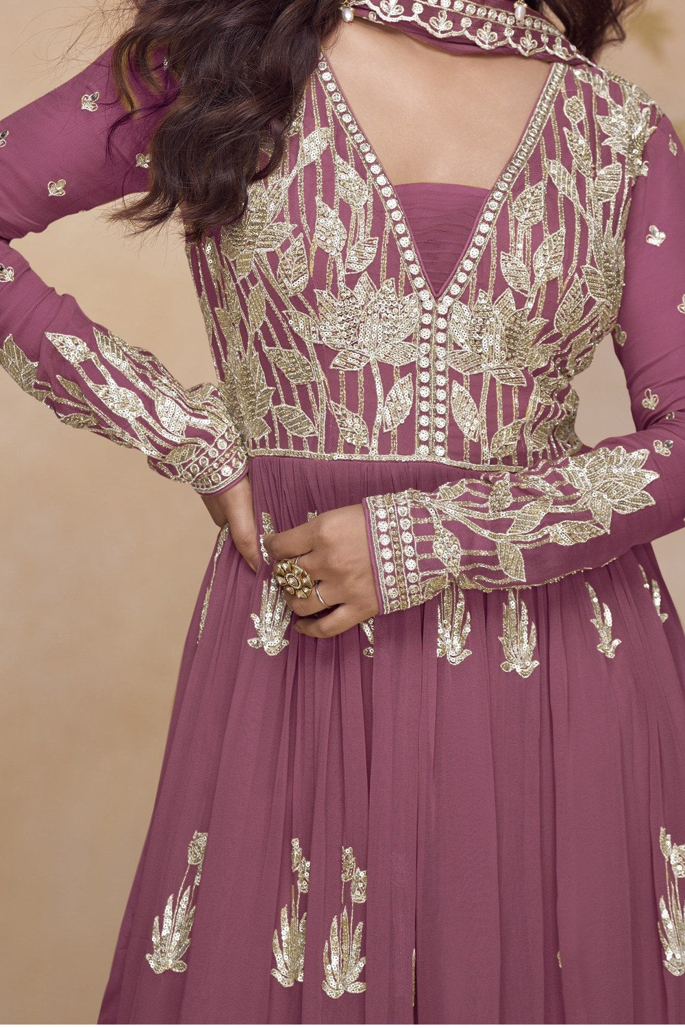 Burgundy Latest Plazo Design for Wedding with Embroidered Chinon Silk - hem and footwear detail