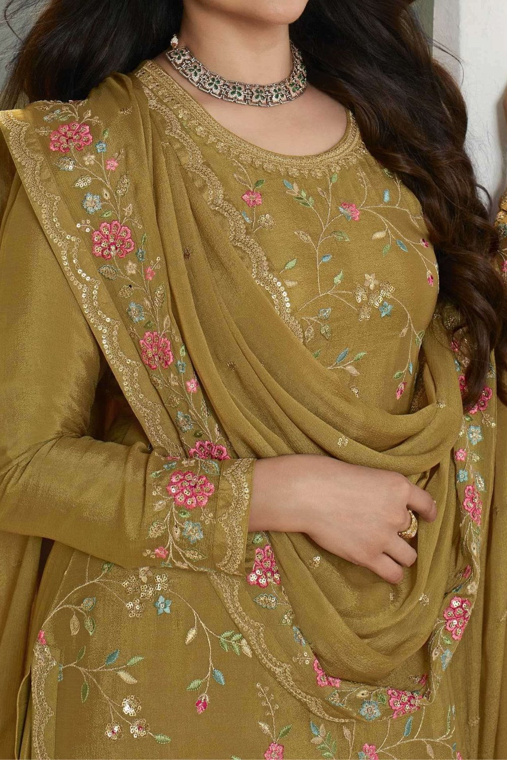 Mustard Chinon Silk Floral Plazo Suit For Indian Festivals & Pakistani Weddings Dress - Embroidery Work - hem and footwear detail