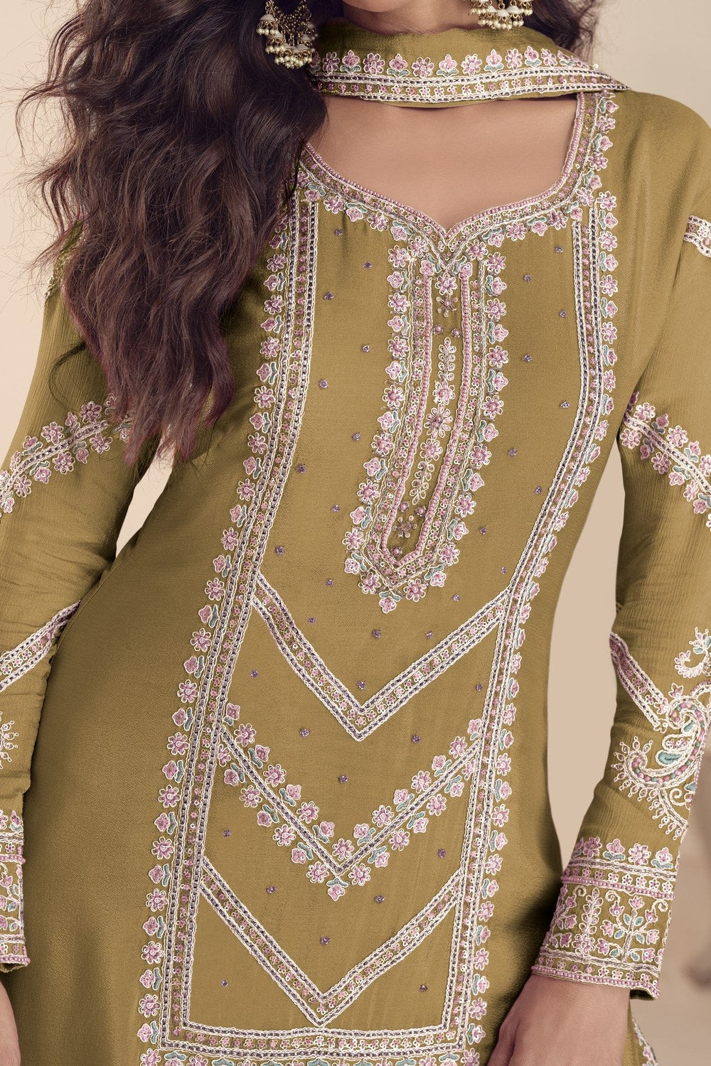 Mustard Indian Wedding Dresses: Chinon Silk Palazzo Suit with Moti & Thread Embroidery - hem and footwear detail
