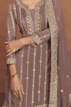 Brown Shimmer Silk Plazo Suit for Indian Dresses For Marriage - Embroidery Work - hem and footwear detail