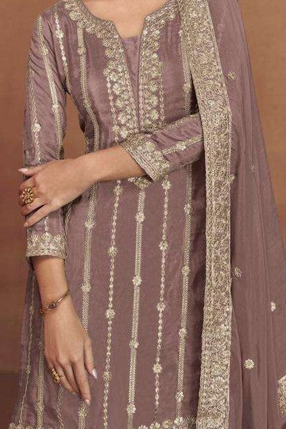 Brown Shimmer Silk Plazo Suit for Indian Dresses For Marriage - Embroidery Work - hem and footwear detail