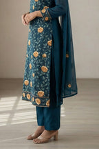 Teal Green Georgette Kameez With Pant For Indian & Pakistani Wedding Festival - Thread & Sequins Embroidery Work - hem and footwear detail