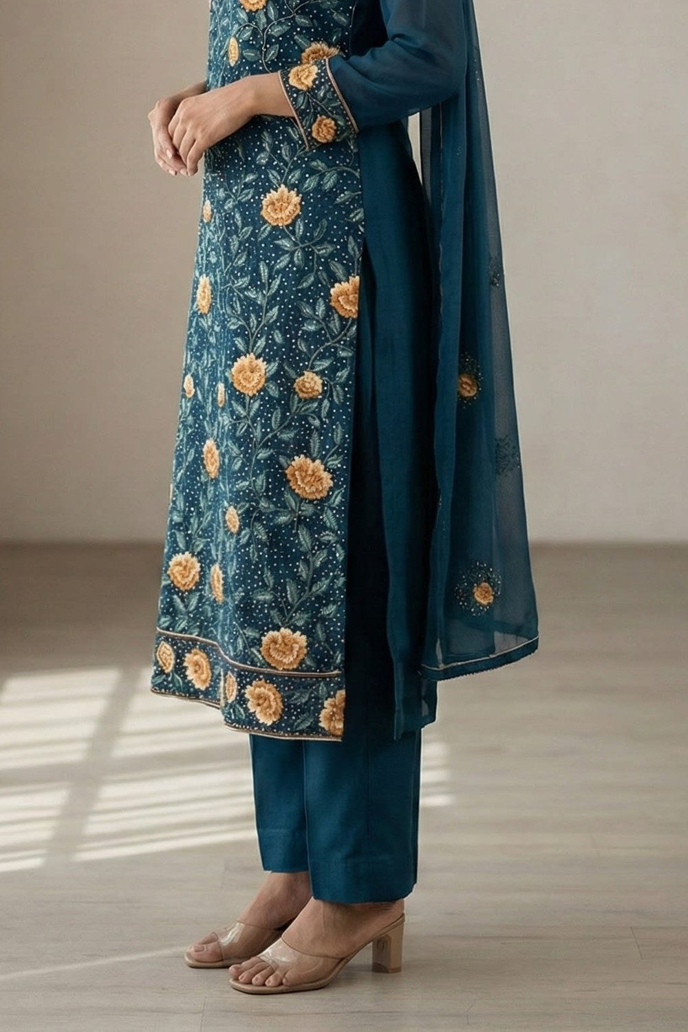 Teal Green Georgette Kameez With Pant For Indian & Pakistani Wedding Festival - Thread & Sequins Embroidery Work - hem and footwear detail