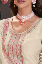 Cream Muga Silk Anarkali Suit For Indian & Pakistani Wedding Festival - Zari Work, Thread & Sequence Embroidery Work - hem and footwear detail