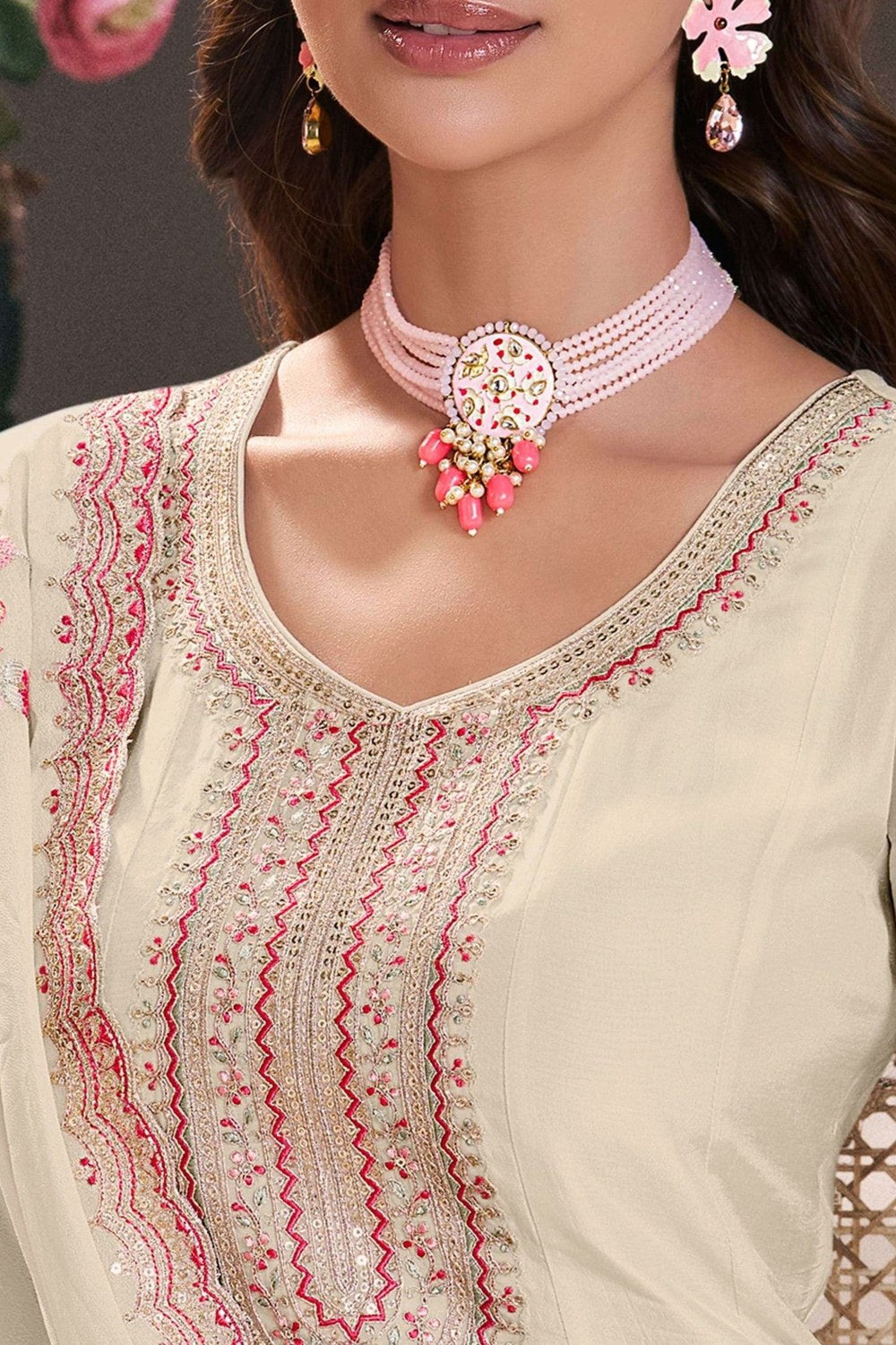 Cream Muga Silk Anarkali Suit For Indian & Pakistani Wedding Festival - Zari Work, Thread & Sequence Embroidery Work - hem and footwear detail