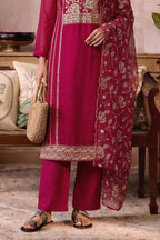 Sangeet Dress for Women - Hot Pink Organza Kameez Pant with Embroidery Work - hem and footwear detail