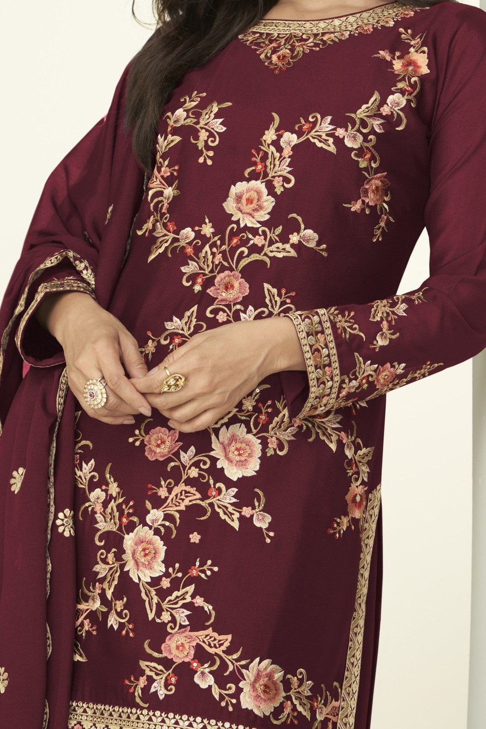 Red Chinon Silk Plazo Suits For Indian & Pakistani Wedding Festival - Thread Embroidery Work - hem and footwear detail