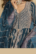 Teal Chinon Silk Front Slit Anarkali With Skirt Suit For Indian & Pakistani Wedding Festival - Sequins & Thread Embroidery Work, Dori Work - hem and footwear detail