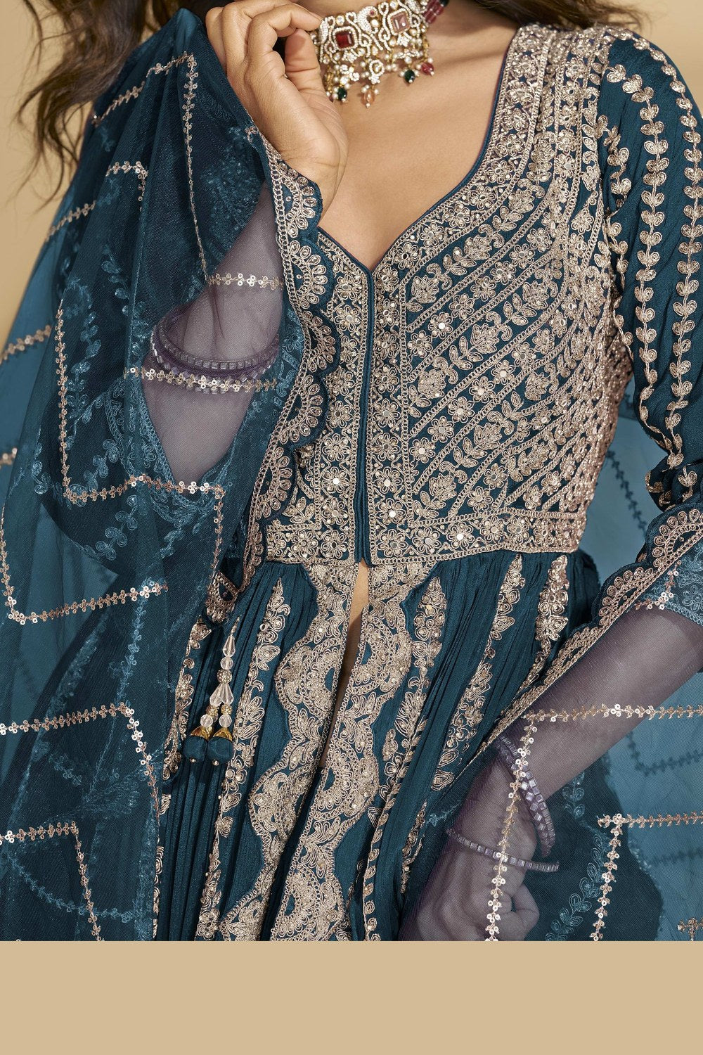 Teal Chinon Silk Front Slit Anarkali With Skirt Suit For Indian & Pakistani Wedding Festival - Sequins & Thread Embroidery Work, Dori Work - hem and footwear detail