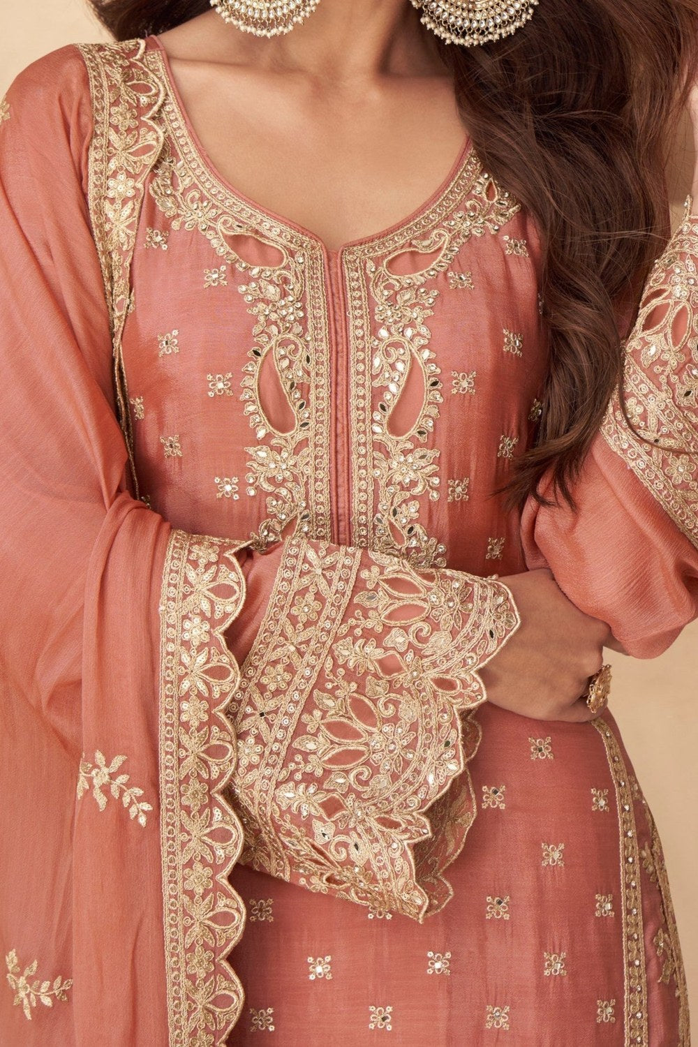 Salmon Chinon Silk Palazo Suit For Indian & Pakistani Wedding Festival - Sequins & Thread Embroidery Work - hem and footwear detail