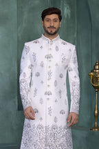 White Indian Kurta for Men & Pajama - Art Silk Thread Work Sherwani - close-up view