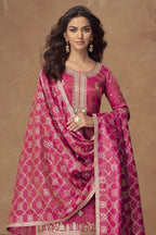 Pink Simmer Silk Kameez With Palazzo Suit For Indian & Pakistani Wedding Festival - Thread & Sequence Embroidery - close-up view