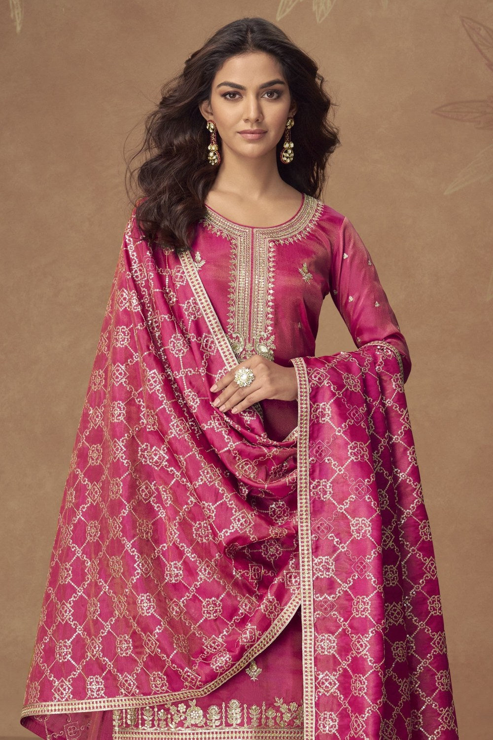 Pink Simmer Silk Kameez With Palazzo Suit For Indian & Pakistani Wedding Festival - Thread & Sequence Embroidery - close-up view