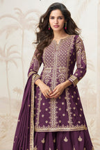 Brown Chinon Silk Palazzo Suit for Indian Wedding Guests Outfits - Sequence Embroidery Work, Embroidery Work - close-up view