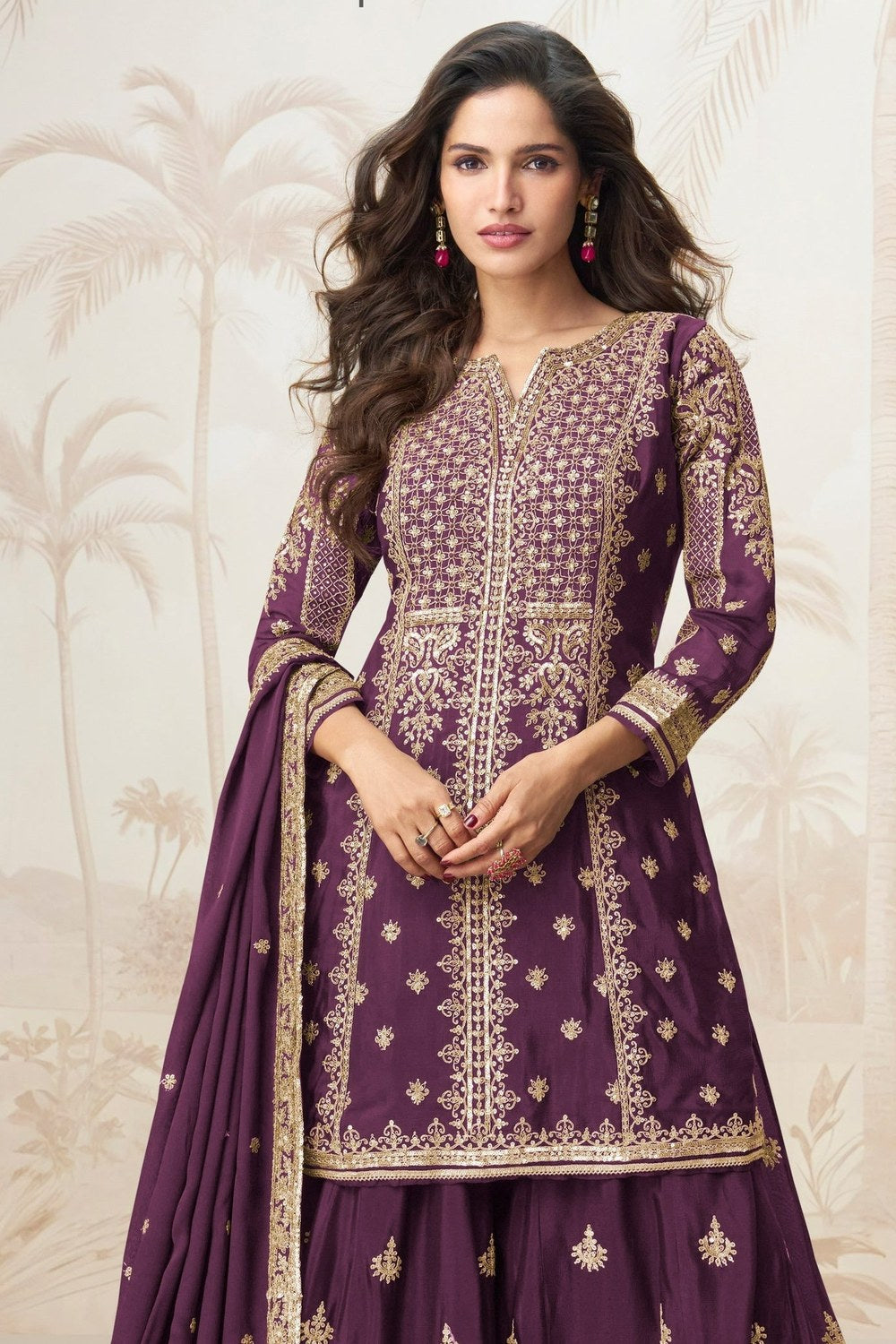 Brown Chinon Silk Palazzo Suit for Indian Wedding Guests Outfits - Sequence Embroidery Work, Embroidery Work - close-up view