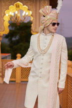 Beige Art Silk Indo Western Traditional Marriage Sherwani for Groom Long Kurta with Pant & Dupatta - Embroidery Work - close-up view