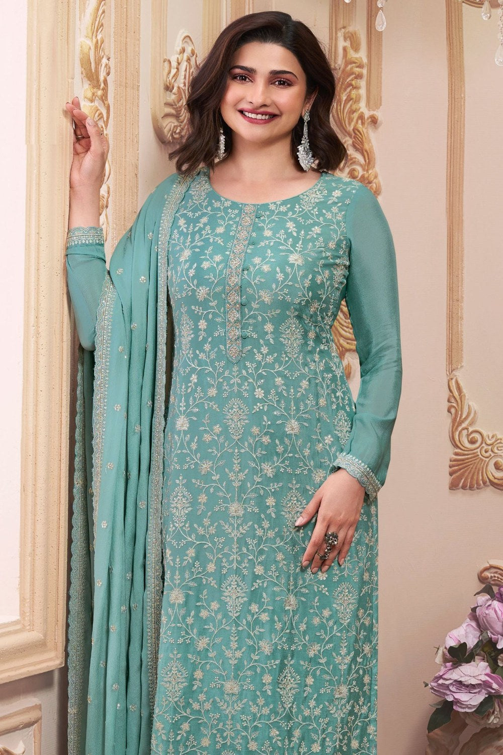 Turquoise Chinon Silk Long Kameez Suit with Pant and Dupatta For Indian Festivals & Weddings - Embroidery Work - close-up view