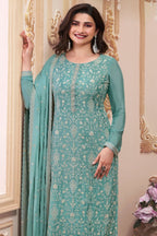 Turquoise Chinon Silk Long Kameez Suit with Pant and Dupatta For Indian Festivals & Weddings - Embroidery Work - close-up view