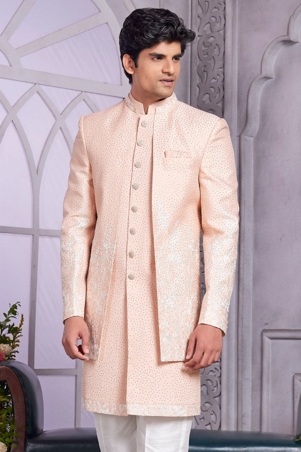 Light Peach Art Silk Indo Western Traditional Sherwani Kurta with Jacket & Pant for Men for Wedding - Embroidery Work - close-up view