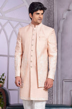 Light Peach Art Silk Indo Western Traditional Sherwani Kurta with Jacket & Pant for Men for Wedding - Embroidery Work - close-up view